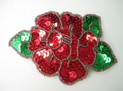 FW157 Red Rose Peony Flower Sequin Bead Applique Motif