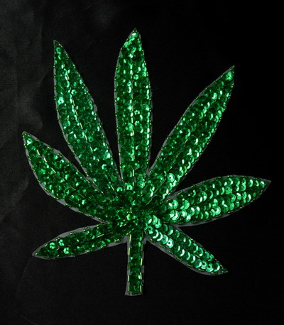 FW180 Huge Green Marijuana Leaf Sequin Bead Applique