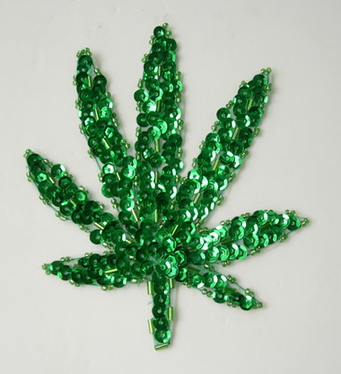 FW182 Green Marijuana Leaf Sequin Bead Applique