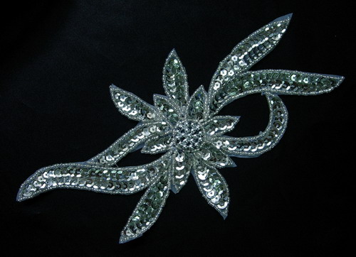 FW188 Handmade Flower Sequin Beaded Applique Silver