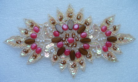 FW210-5 Gems Stones Floral Flower Sequin Bead Applique Beige