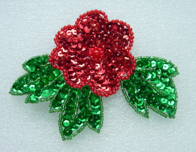 FW225 Red Flower Green Leaves Leaf Sequin Bead Applique Motif