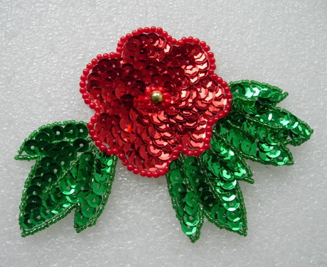 FW225 Red Flower Green Leaves Leaf Sequin Bead Applique Motif