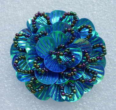 FW242 Round Tier Flowers Shell Sequin Beaded Applique Blue AB