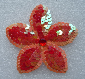 FW250 2Tone Red Petals Flower Gem Sequin Beaded Applique 5pcs