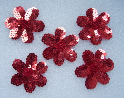FW252 Red Petals Flower Sequin Bead Applique Motif 5pcs