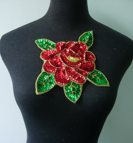 FW287 Floral Rose Peony Sequined Beaded Applique Motif Red