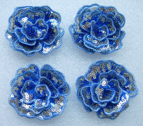 FW289 Layered 3D Flower Rose Sequined Applique Motif Blue 4pc - Click Image to Close