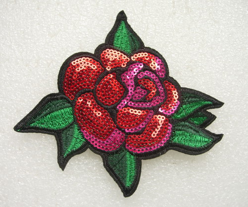 FW290 Colorful Rose Flower Embroidered Sequin Applique Motif - Click Image to Close