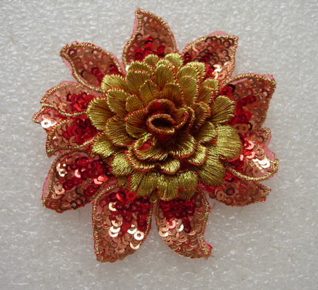 FW295 3D Tier Flower Peony Sequined Applique Motif Red Gold 4pc