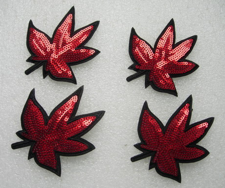 FW303 Red Maple Leaf Floral Embroidery Sequin Applique Patch x4