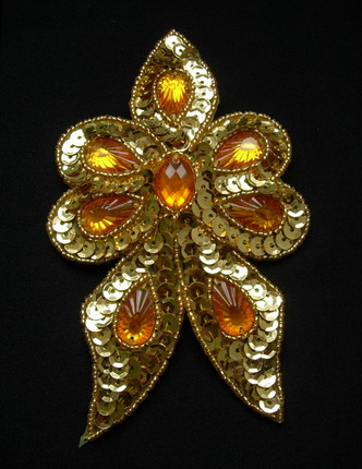 FW309 Gold Gemstones Flower Sequined Beaded Applique