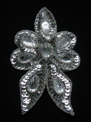FW310 Silver Gemstones Flower Sequined Beaded Applique