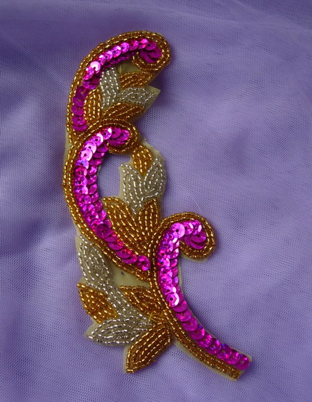 FW325 Fuchsia Gold Floral Flowers Sequined Beaded Applique FW325 Fuchsia Gold Floral Flowers Sequined Beaded Applique