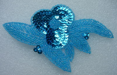 FW50 Sequin Bead Applique Wing Flower Flora Aqua Blue - Click Image to Close