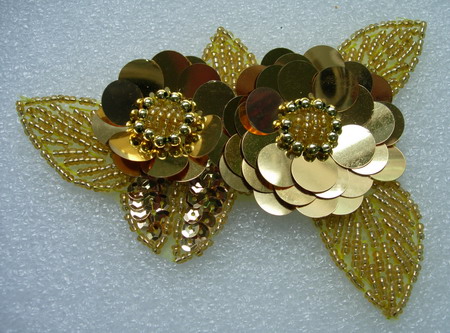 FW72-6 Twin Layer Flower Paillettes Sequin Bead Applique Gold