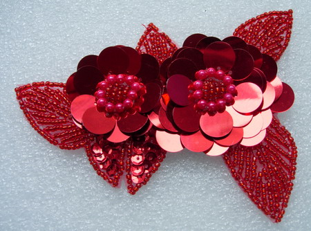 FW72-7 Twin Layer Flower Paillettes Sequin Bead Applique Red