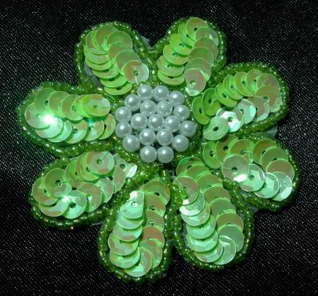 FW07 Petal Flower Sequin Bead Applique Apple Green 5pcs