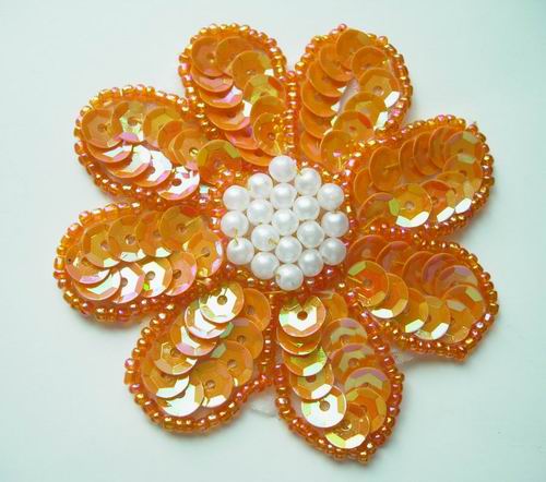 FW08 Petal Flower Sequin Bead Applique Orange 5pcs - Click Image to Close