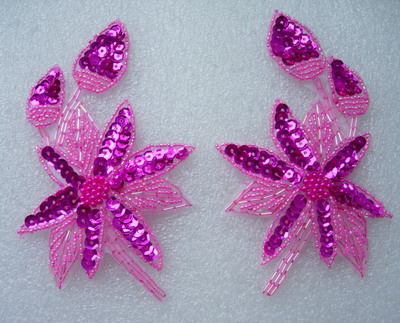 LR163 Mirror Pair Fuchsia Leaf Flowers Sequin Beaded Applique