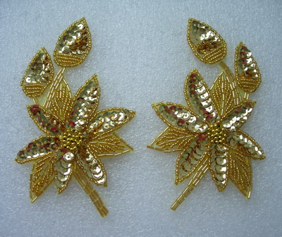 LR165 Mirror Gold Leaf Flower Sequin Beaded Applique