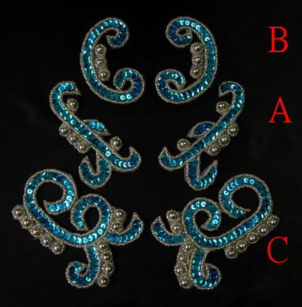 LR167-4 Mirrored Pairs Sequin Bead Applique Aqua Mix 3pr