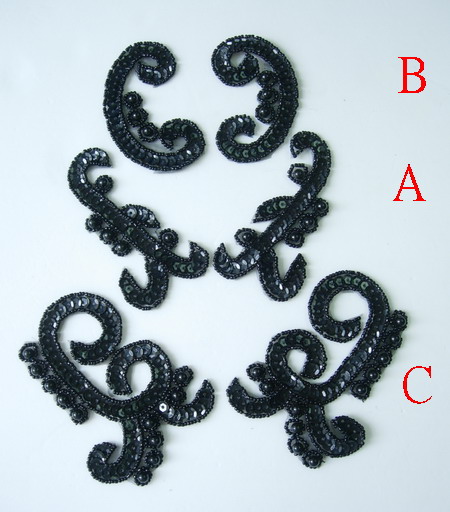 LR167-5 Mirrored Pairs Sequin Bead Applique Black Mix 3pr
