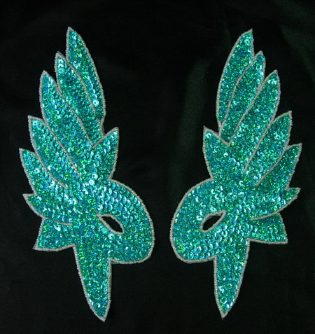 LR178 Mirror Pair Leaf Leave Sequin Bead Applique Motif Aqua - Click Image to Close