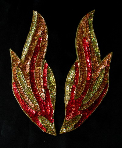 LR188 Mirror Pair Flame Sequin Bead Applique Motif Red