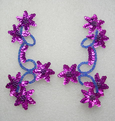 LR27 Pair Star Floral Sequin Bead Applique Purple