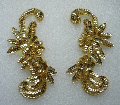 LR43 Sequin Bead Applique Left & Right Floral Gold - Click Image to Close