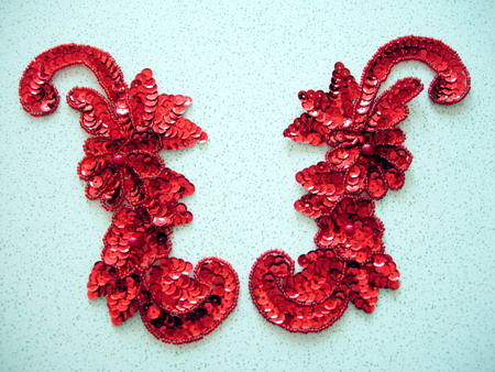 LR45 Sequin Bead Applique Left & Right Floral Red - Click Image to Close