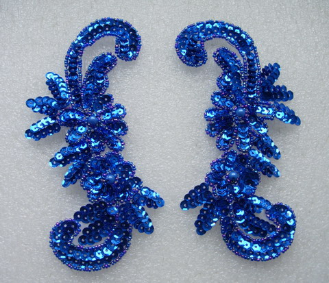 LR48 Sequin Bead Applique Left & Right Floral Royal Blue