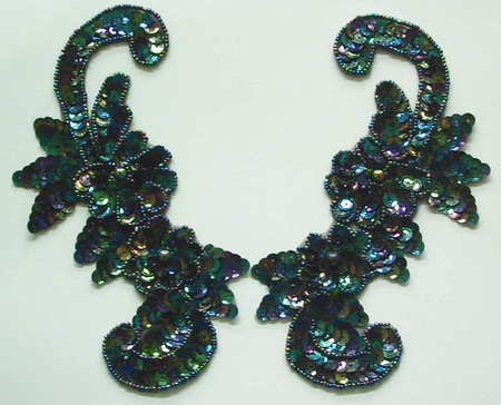 LR50 Sequin Bead Applique Left & Right Floral Black Iris