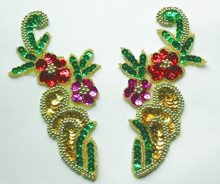 LR58 Sequin Bead Applique Left & Right Mirror Flower Multicolor