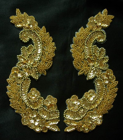 LR64 Sequin Bead Applique Gold L&R Long Flora - Click Image to Close