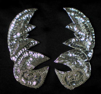 LR104 Pair Leaf Sequin Bead Bugle Applique Motif Silver - Click Image to Close