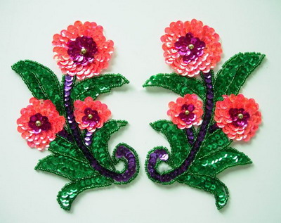 LR105 Sequin Bead Applique Pair Leaf Flower Motif Belly Dance