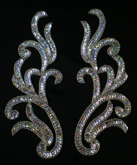 LR119 Mirror Pair Sequin Bead Applique Motif Hologram Silver - Click Image to Close