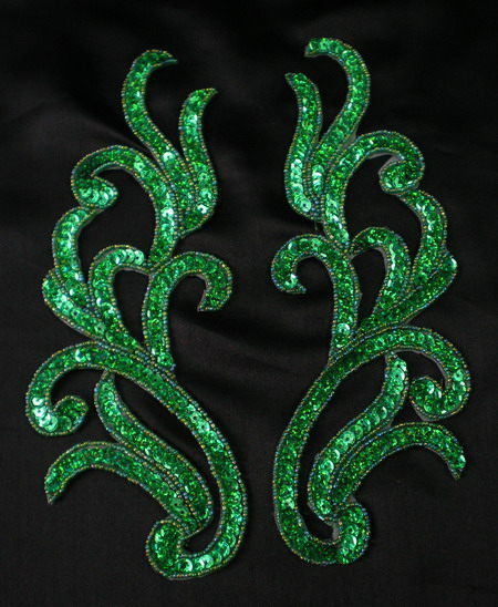 LR120-5 Mirror Pair Sequin Bead Applique Motif Hologram Green