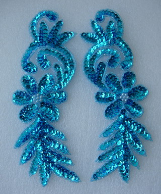 LR129 LR Floral Mirror Pair Sequin Bead Applique Motif Aqua