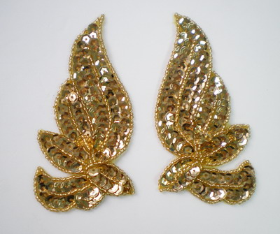 LR130 Mirrored Pair Sequin Bead Applique Belly Dance Motif Gold - Click Image to Close