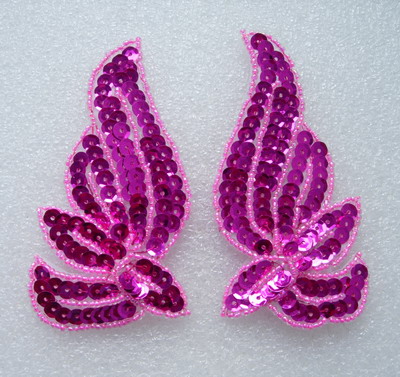 LR133 Mirrored Pair Sequin Bead Applique Belly Dance Motif Fuchs