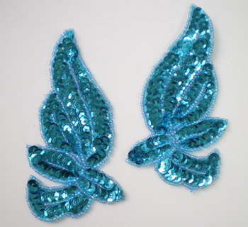 LR134 Mirrored Pair Sequin Bead Applique Belly Dance Motif Aqua