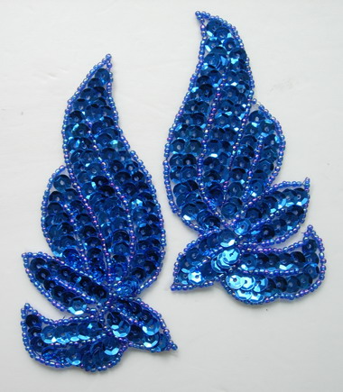 LR135-5 Mirrored Pair Sequin Bead Applique Motif Royal Blue