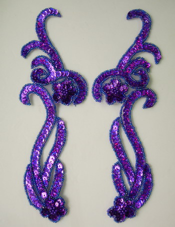 LR137-10 Floral Mirror Pair Sequin Bead Applique Hologram Purple