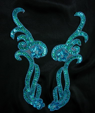 LR137-2 Mirrored Pair Sequin Bead Applique Curl Flower Aqua - Click Image to Close