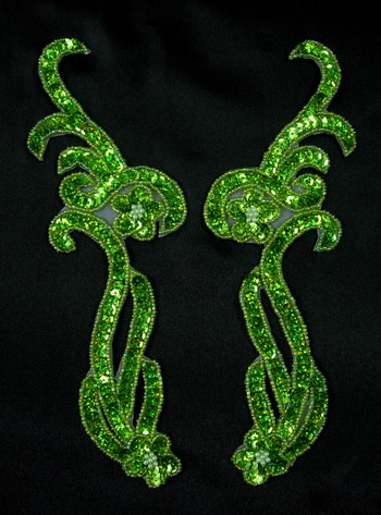 LR137-4 Mirrored Pair Sequin Bead Applique Curl Flower Lime