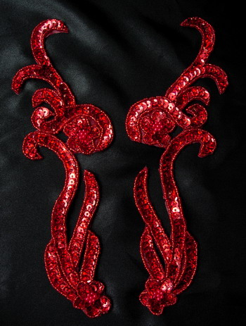 LR137-5 Mirrored Pair Sequin Bead Applique Curl Flower Red