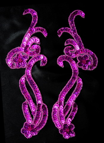 LR137-6 Mirrored Pair Sequin Bead Applique Curl Flower Fuchsia